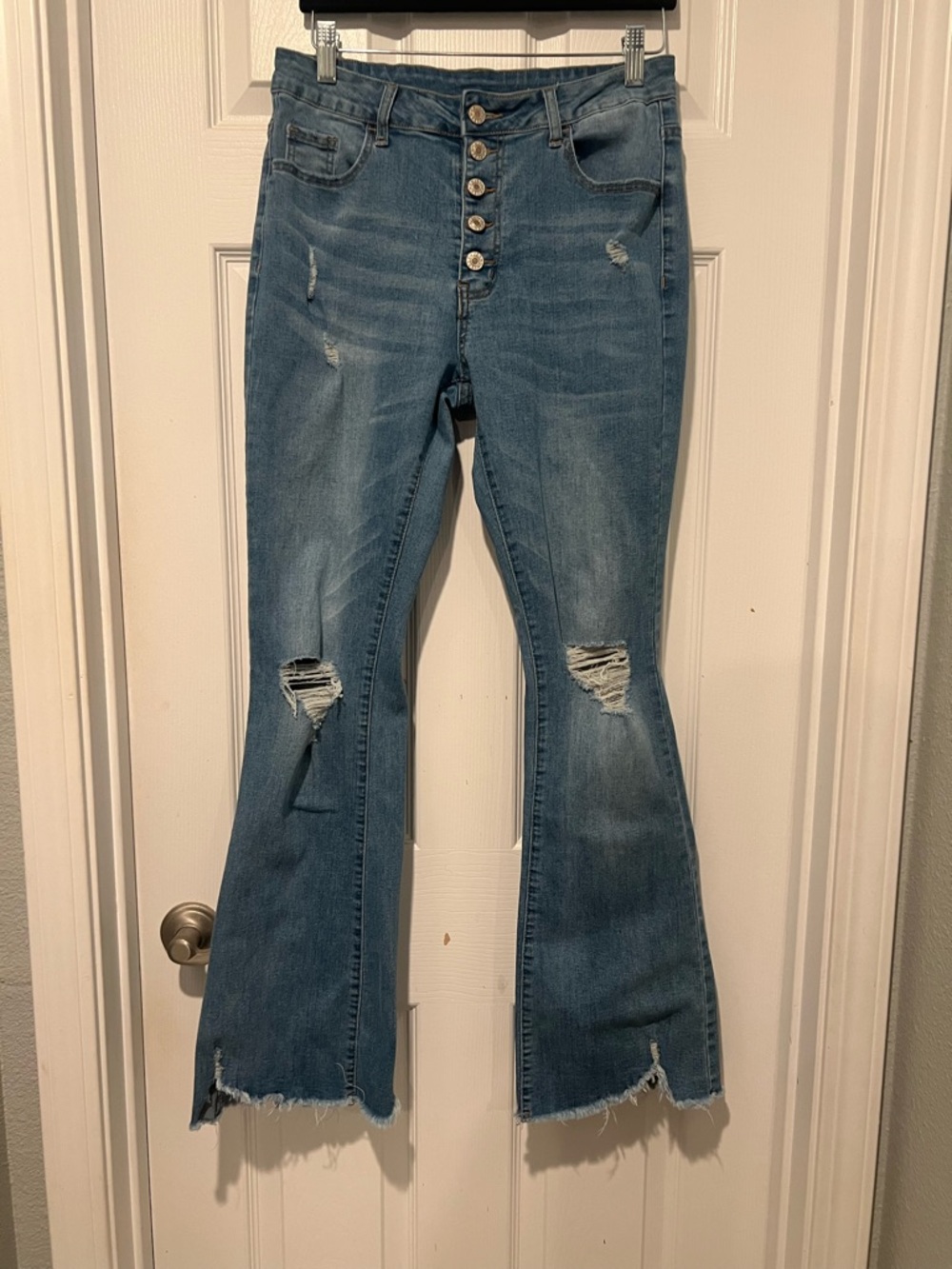 Women's Distressed High-Rise Flare Jeans - Blue
